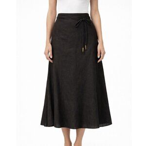 Lauren Ralph Lauren 100% Linen Wrap Midi Skirt Size 6 Black Tie Waist Classic